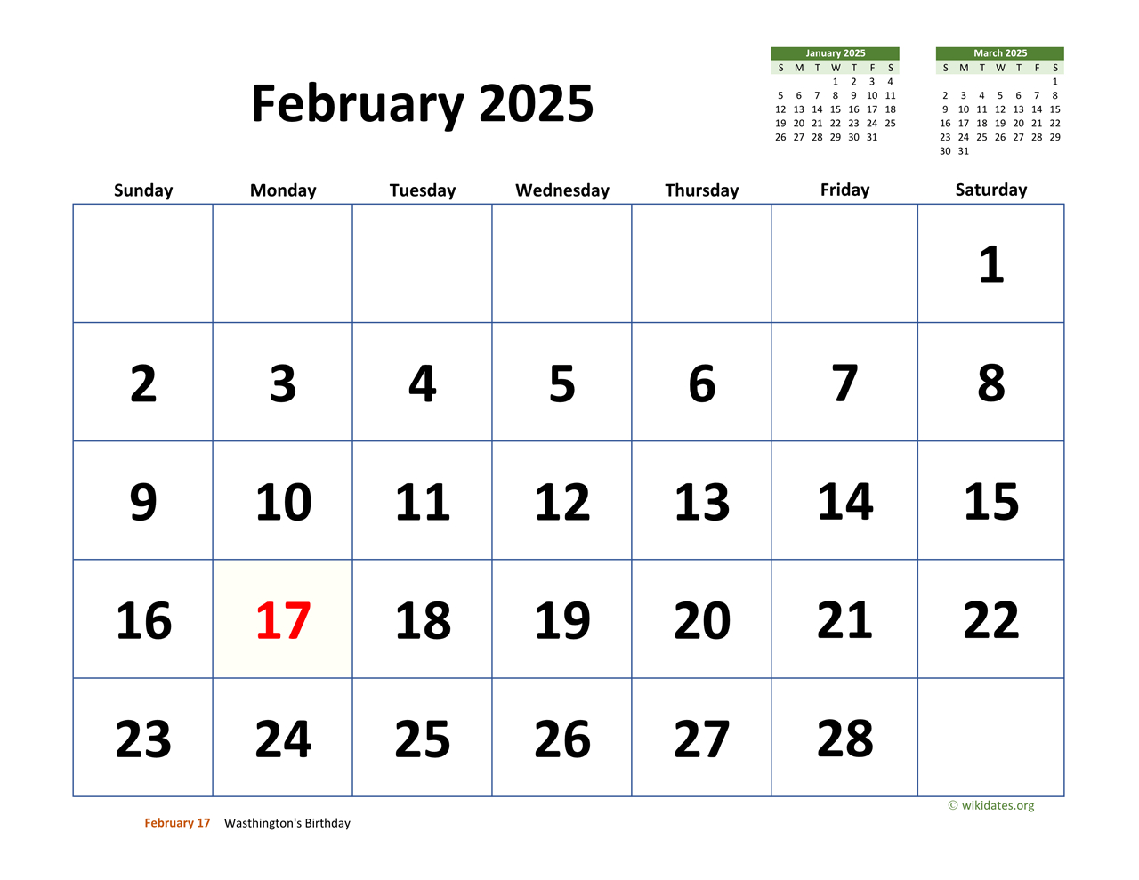 February 2025 Calendar With Extra-Large Dates | Wikidates inside February 24th Calendar 2025