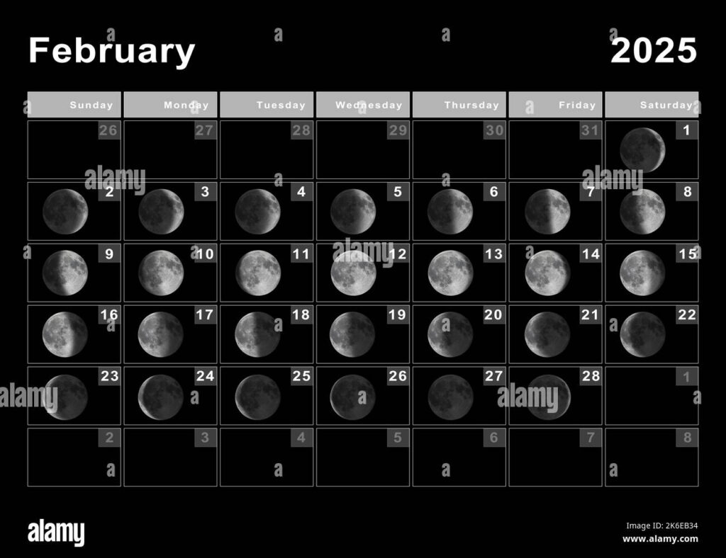 February 2025 Lunar Calendar, Moon Cycles, Moon Phases Stock Photo Within February 2025 Moon Calendar