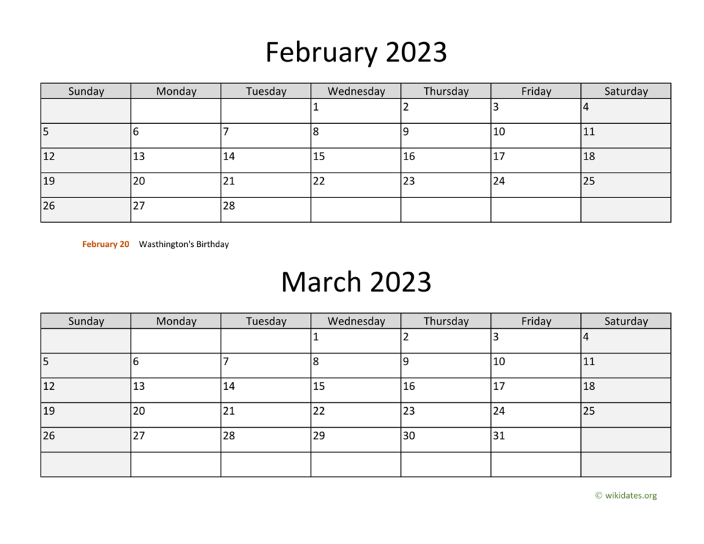 February And March 2023 Calendar | Wikidates Regarding February And March Calendar