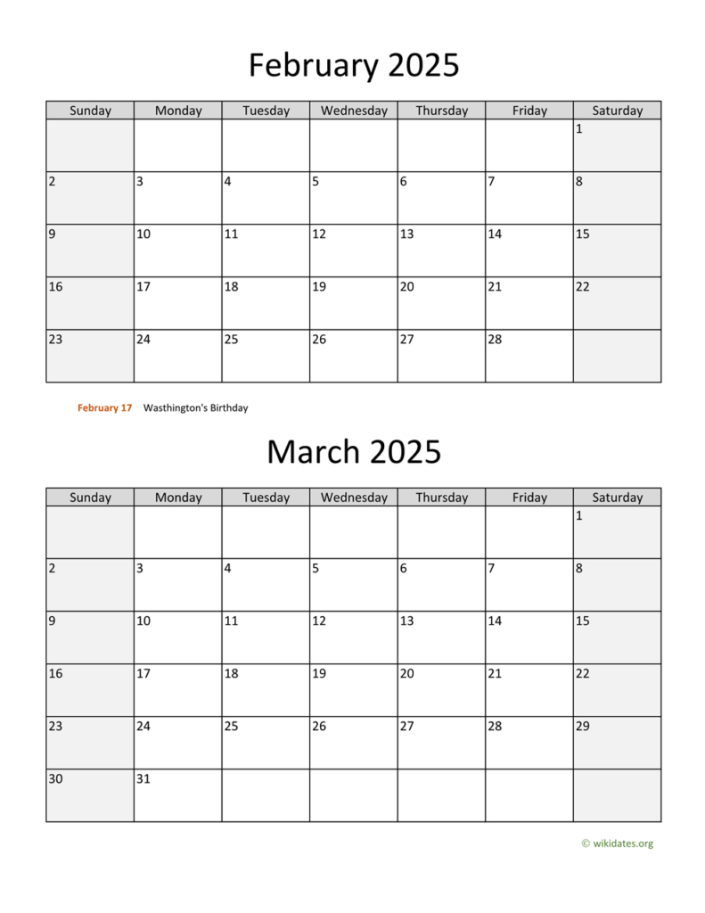 February And March 2025 Calendar | Wikidates Inside February March 2025 Calendar