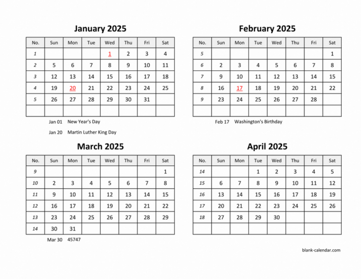 Printable 4 Month Calendar 2025 | Calendars 2025