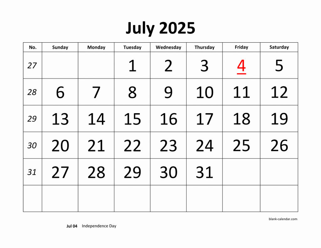 Free Download Printable July 2025 Calendar, Large Font Design within Calendars 2025 | CalendarCrazePrint.Com