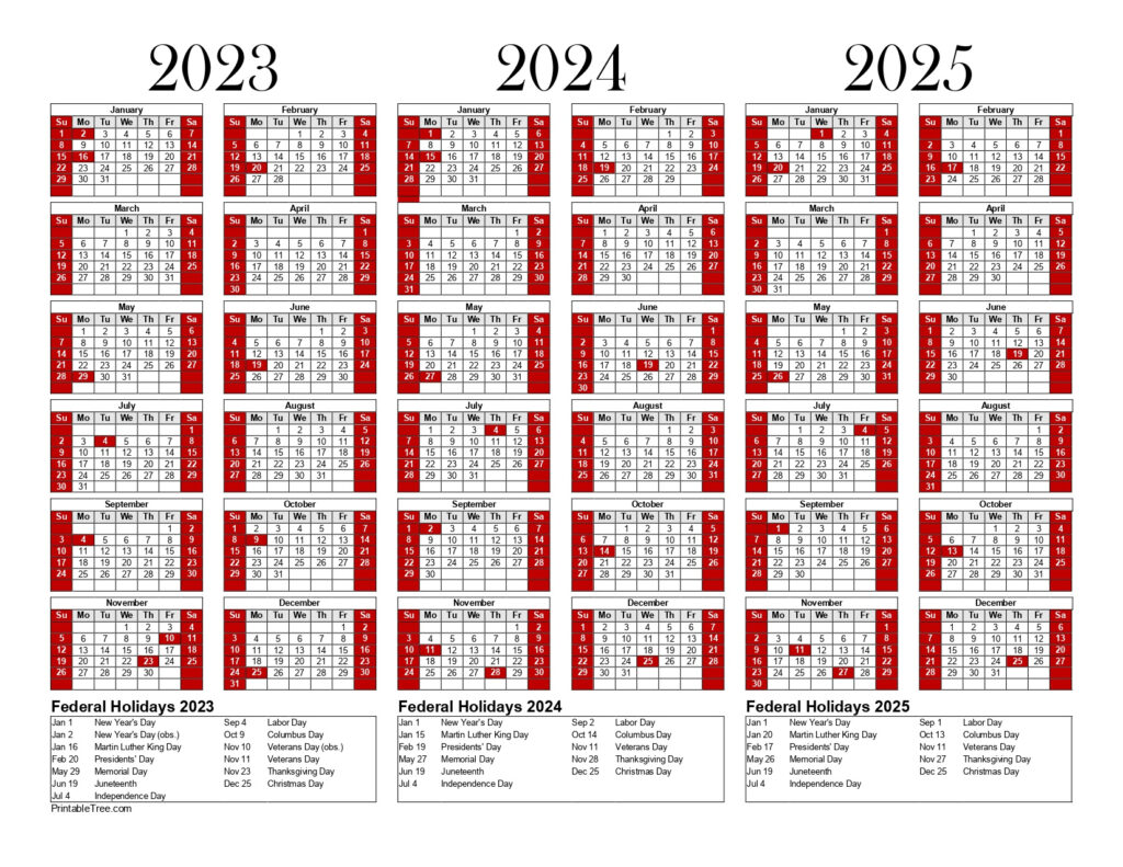 Free Printable 3 Year Calendar 2023, 2024 & 2025 Pdf Templates Throughout 3 Year Calendar 2024 To 2025 Printable  | CalendarCrazePrint.Com