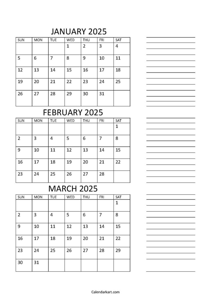 Free Printable January To March 2025 Calendar   Calendarkart Inside January February March Calendar 2025