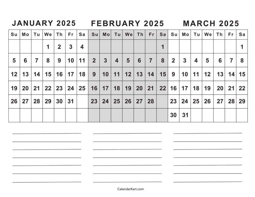 Free Printable January To March 2025 Calendar   Calendarkart Intended For January February March Calendar 2025