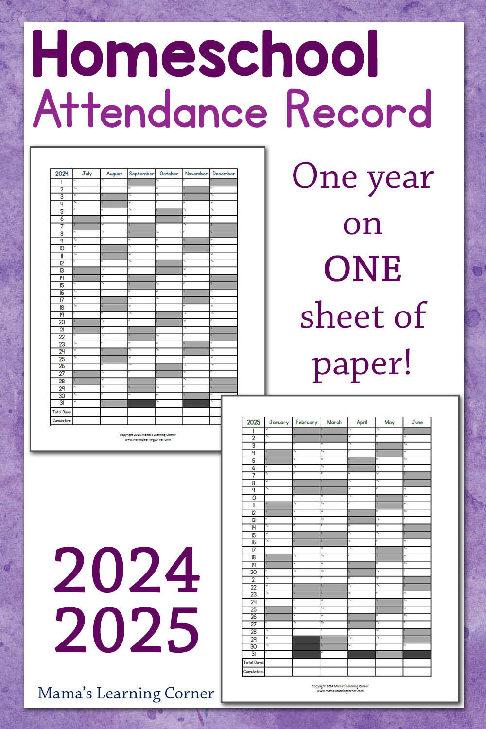 Homeschool Attendance Record 2024-2025 - Mamas Learning Corner throughout Calendars 2025 | CalendarCrazePrint.Com