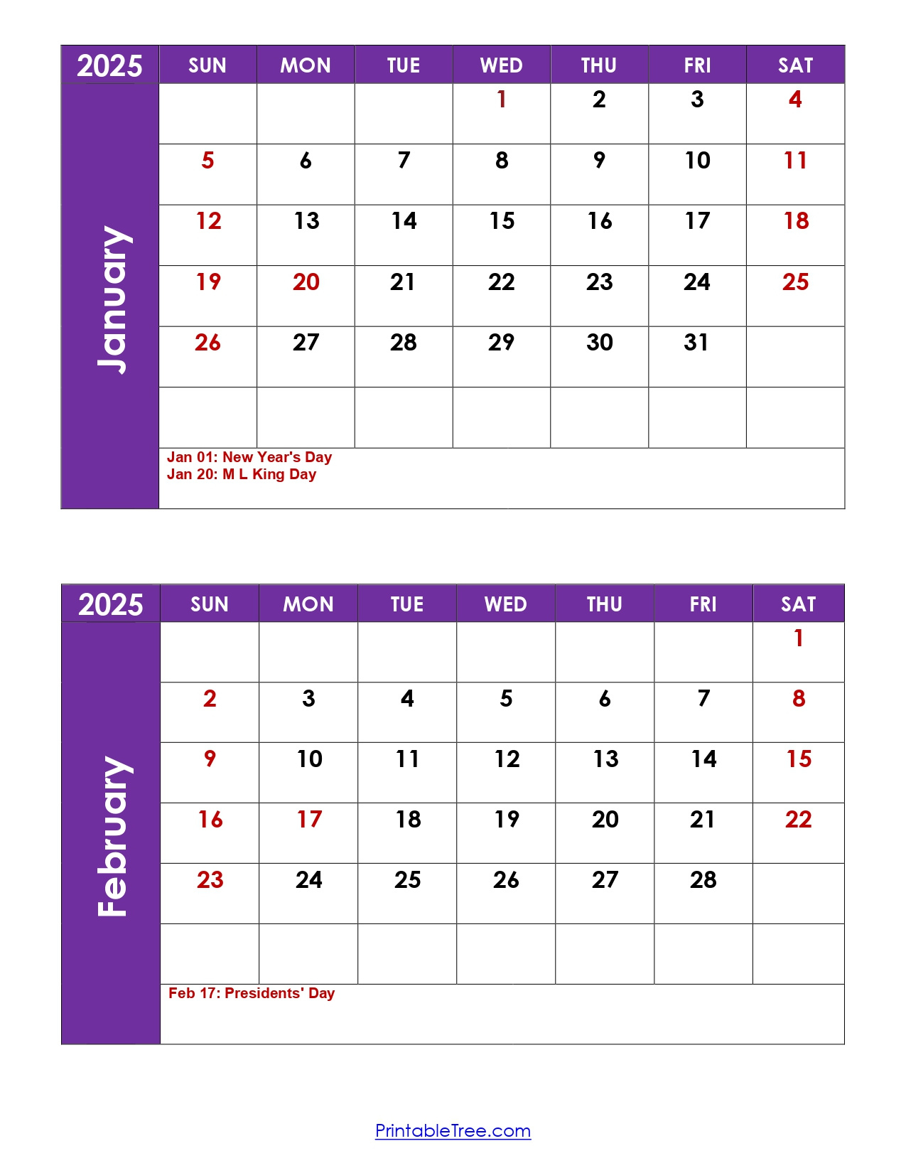 January And February 2025 Calendar | Two Months Calendar for 2025 January and February Calendar