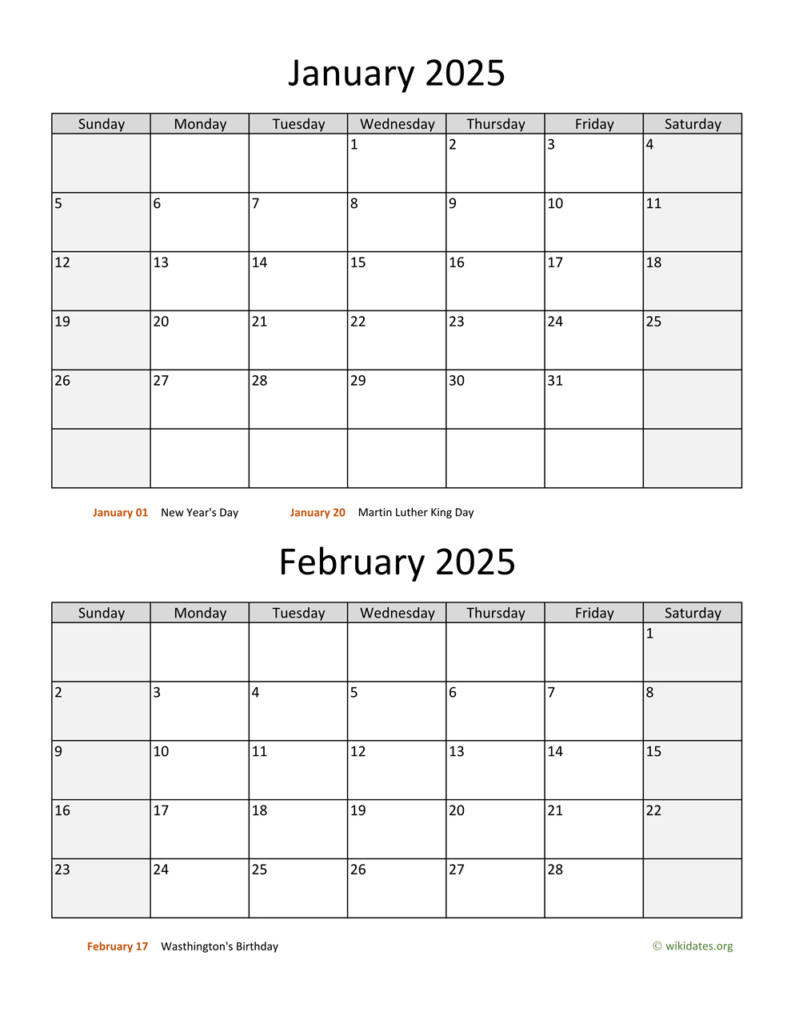 January And February 2025 Calendar | Wikidates In January February 2025 Calendar