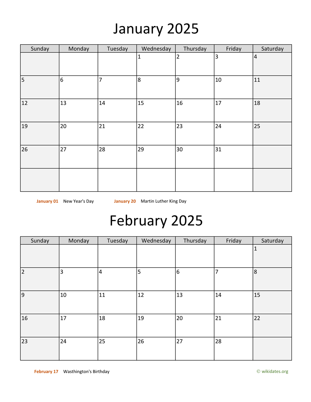 January And February 2025 Calendar | Wikidates in January February 2025 Calendar