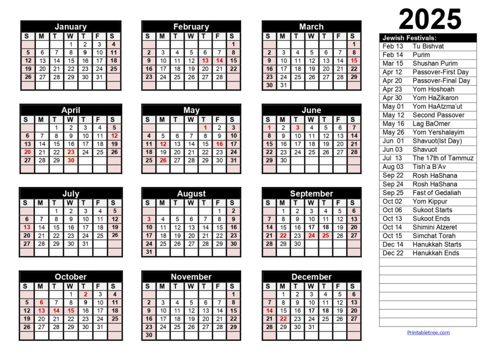 Jewish Calendar 2024, 2025 Pdf Templates With Jewish Holidays Lists Inside Jewish Calendar 2025 With Holidays Printable Free  | CalendarCrazePrint.Com