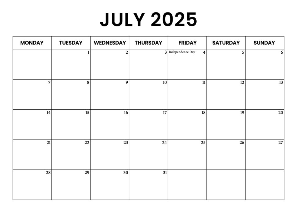 July 2025 Calendar With Holidays, Sunday & Monday Start, Printable With Regard To Printable July 2025 Calendar With Holidays | CalendarCrazePrint.Com