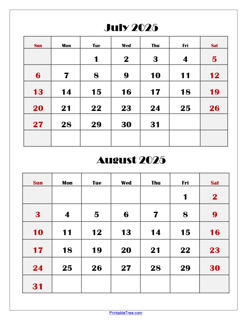 July And August 2025 Calendar Printable Pdf | Two Months Calendar Inside August 2025 To July 2025 Calendar Printable | CalendarCrazePrint.Com