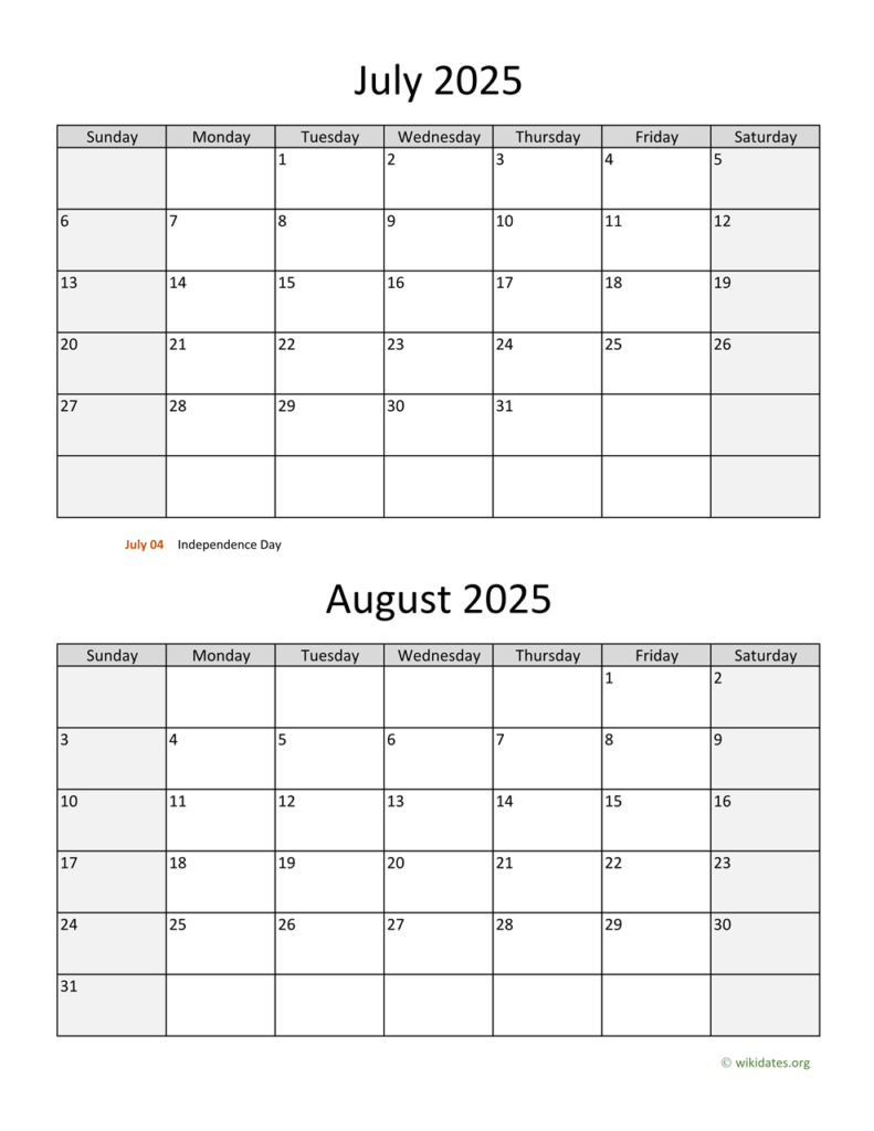 July And August 2025 Calendar | Wikidates Throughout August 2025 To July 2025 Calendar Printable  | CalendarCrazePrint.Com