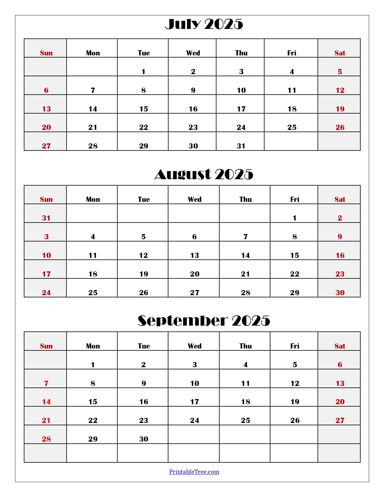 July To September 2025 Calendar Printable Pdf | Three Months Calendar with Calendars 2025 | CalendarCrazePrint.Com