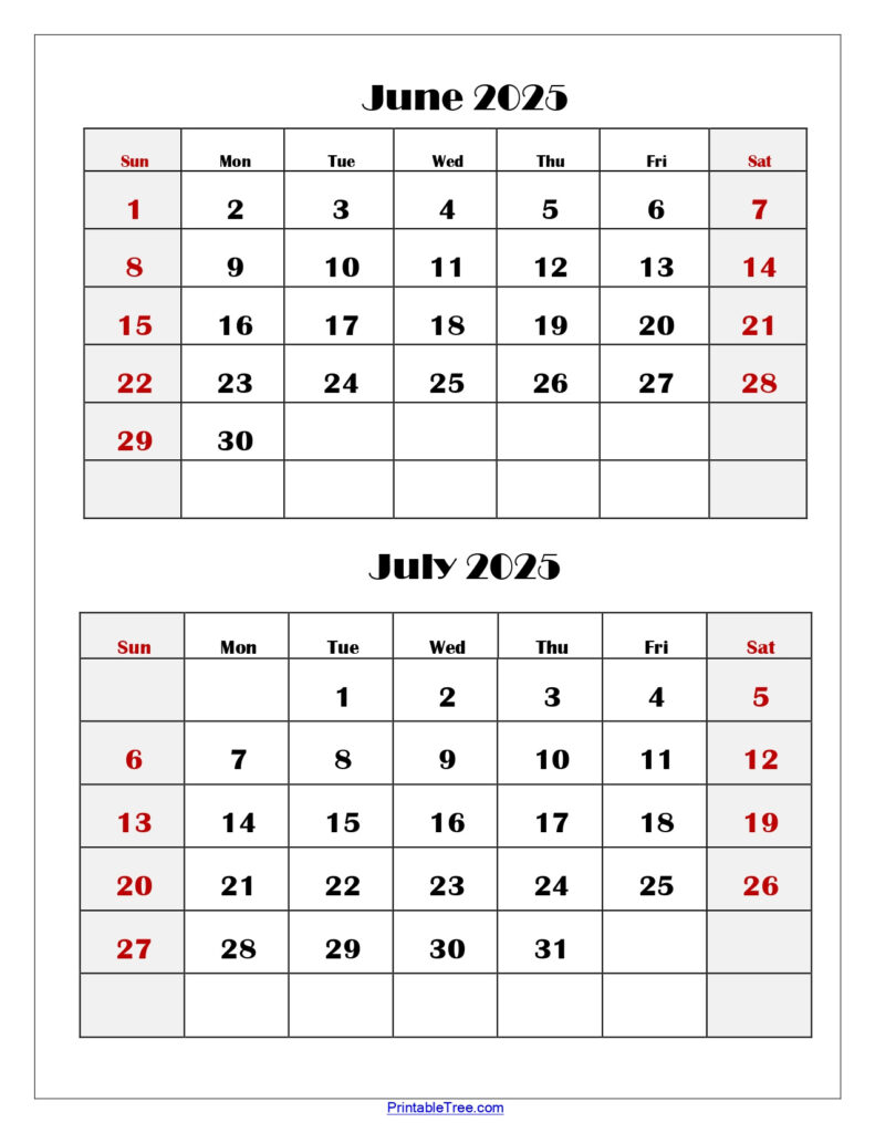 June And July 2025 Calendar Printable Pdf | Two Months Calendar Inside Printable Calendar June And July 2025 | CalendarCrazePrint.Com