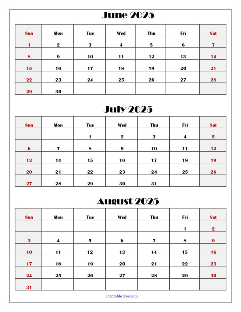 June To August 2025 Calendar Printable Pdf | Three Months Calendar Regarding Printable Calendar June July August 2025 | CalendarCrazePrint.Com