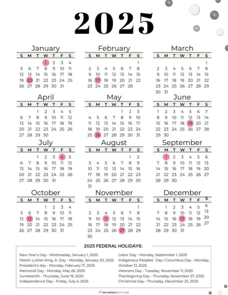 2025 Federal Holidays Calendar Printable | Calendars 2025