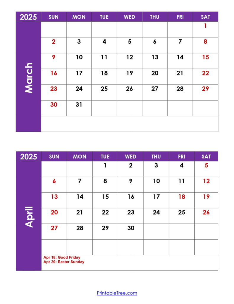 March And April 2025 Calendar Printable | Two Months Calendar For  Calendars 2025 | CalendarCrazePrint.Com