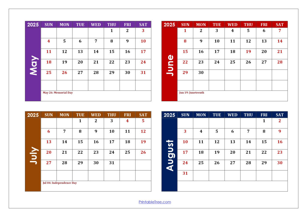 May To August 2025 Calendar Printable Pdf | Four Months Calendar Throughout  Calendars 2025 | CalendarCrazePrint.Com