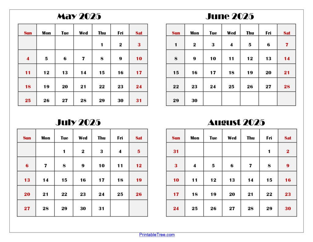 May To August 2025 Calendar Printable Pdf | Four Months Calendar With Regard To August 2025 May 2025 Printable Calendar  | CalendarCrazePrint.Com