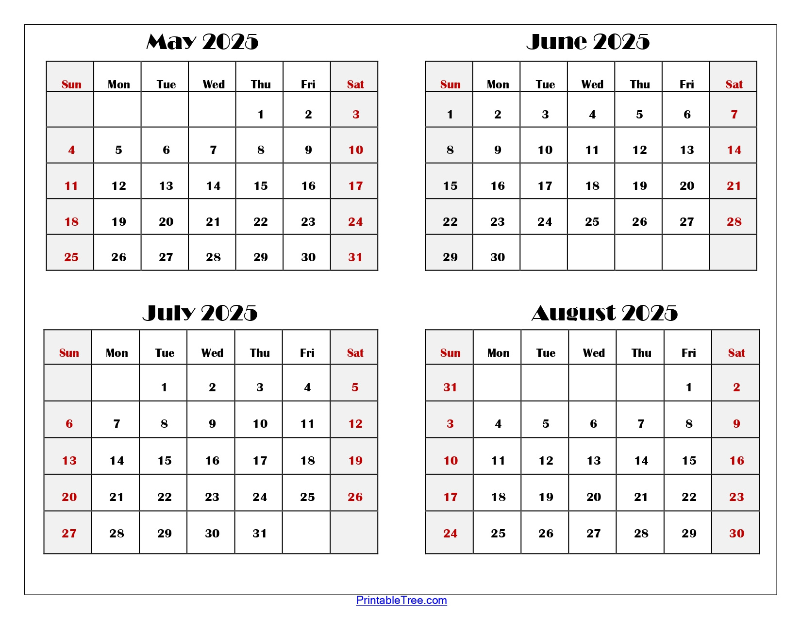 May To August 2025 Calendar Printable Pdf | Four Months Calendar with regard to August 2025-May 2025 Printable Calendar | CalendarCrazePrint.Com