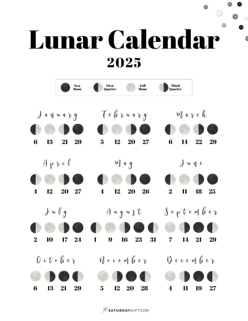 Moon Phase Calendar - 12 Cute &amp;amp; Free Printable 2025 Lunar Calendars regarding Printable Moon Phase Calendar 2025 | CalendarCrazePrint.Com