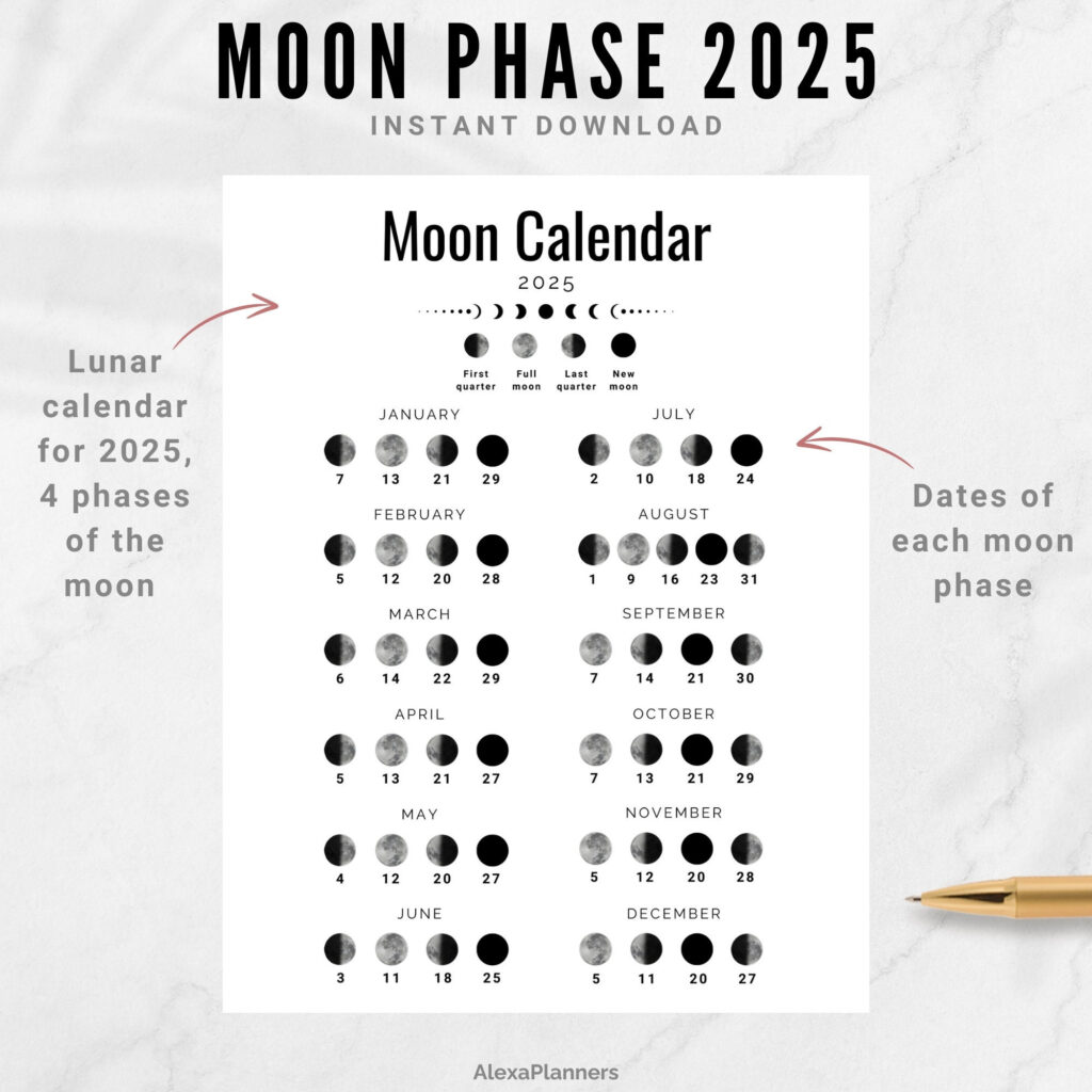 Moon Phase Calendar 2025, A4 / Letter Size Lunar Calendar   Etsy Uk Inside Printable Moon Phase Calendar 2025 | CalendarCrazePrint.Com