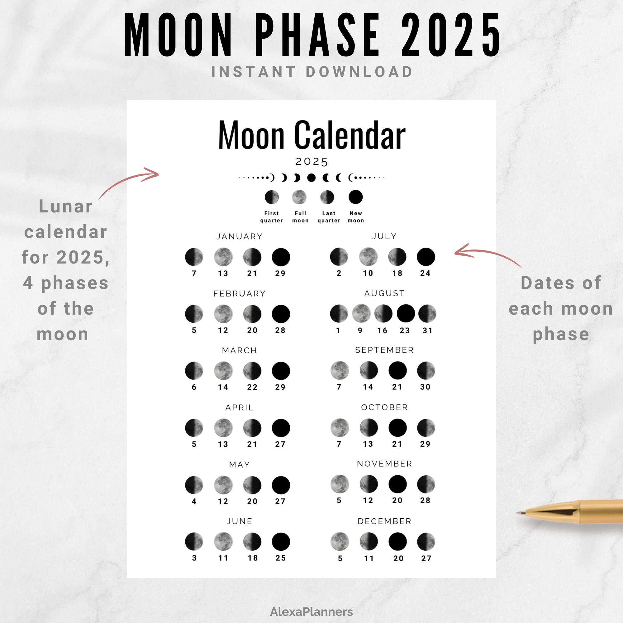 Moon Phase Calendar 2025, A4 / Letter Size Lunar Calendar - Etsy Uk inside Printable Moon Phase Calendar 2025 | CalendarCrazePrint.Com