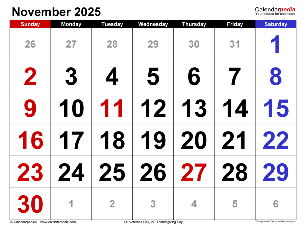 November 2025 Calendar | Templates For Word, Excel And Pdf Inside Printable November 2025 Calendar  | CalendarCrazePrint.Com