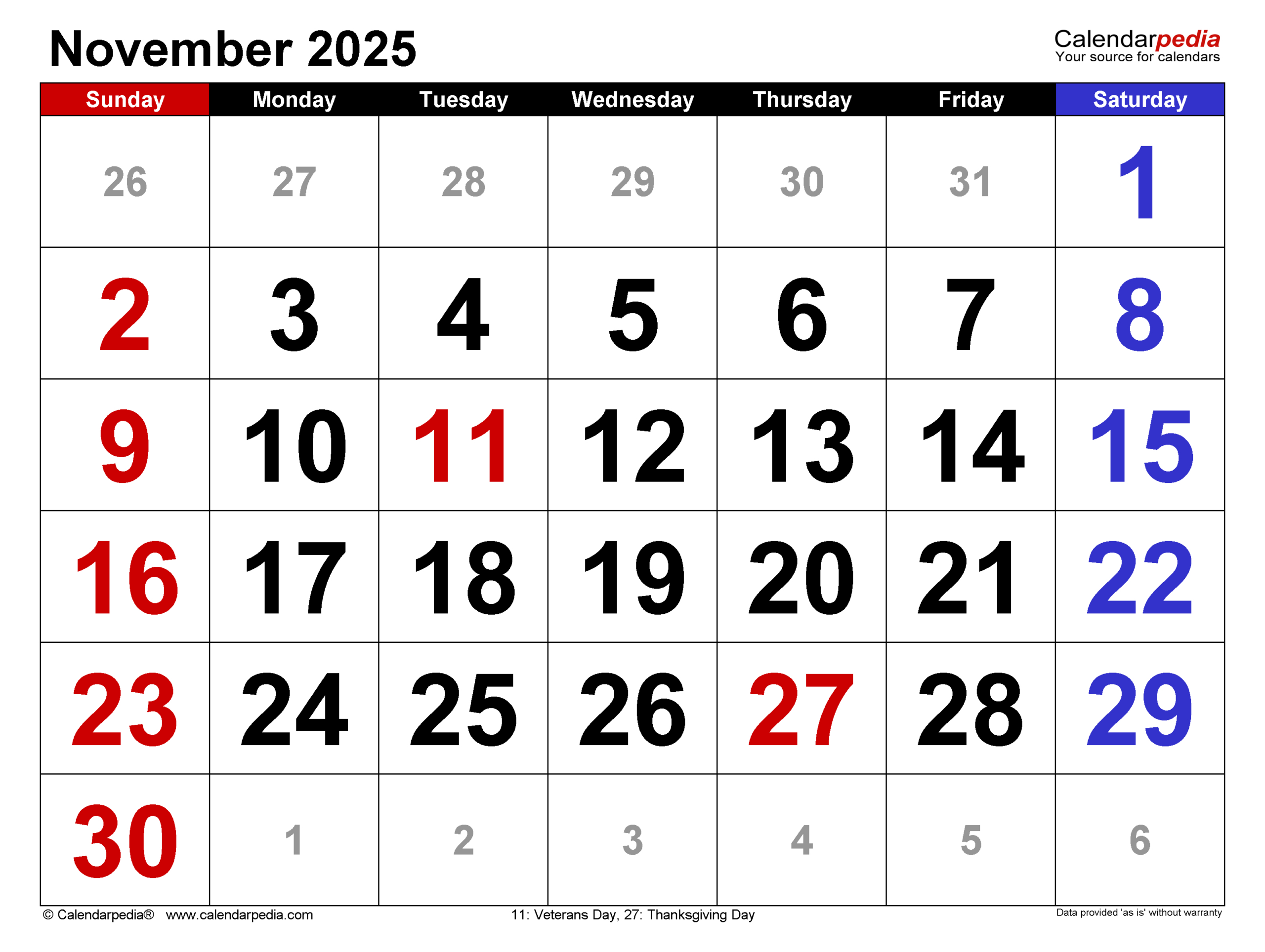 November 2025 Calendar | Templates For Word, Excel And Pdf inside Printable November 2025 Calendar | CalendarCrazePrint.Com