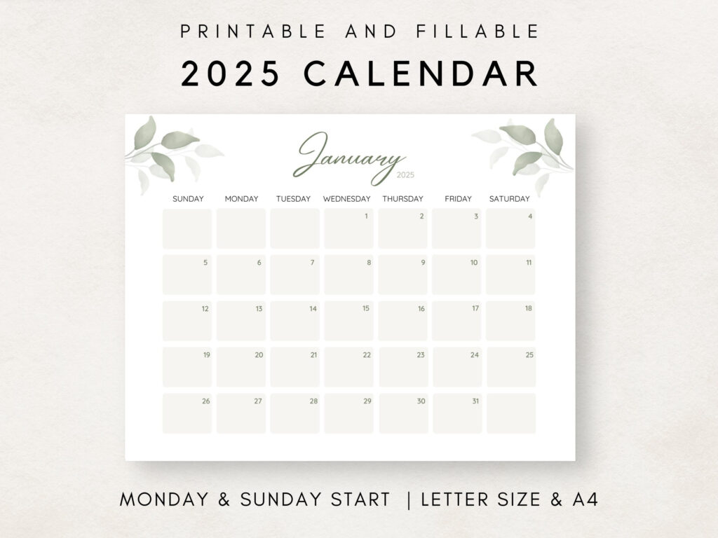 Printable Calendar 2025, Botanical Calendar Printable, 2025 In Fillable And Printable Calendar 2025 | CalendarCrazePrint.Com