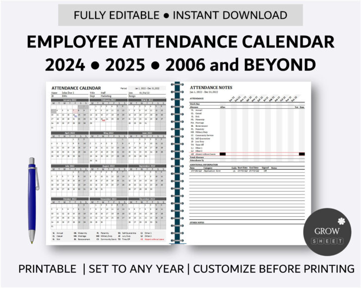 Attendance Calendar 2025 Printable | Calendars 2025