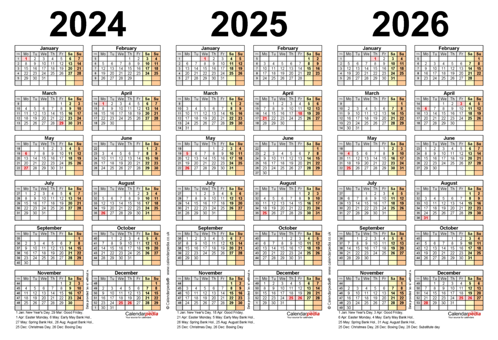 Three Year Calendars For 2024, 2025 & 2026 (Uk) For Pdf Pertaining To 3 Year Calendar 2024 To 2025 Printable  | CalendarCrazePrint.Com