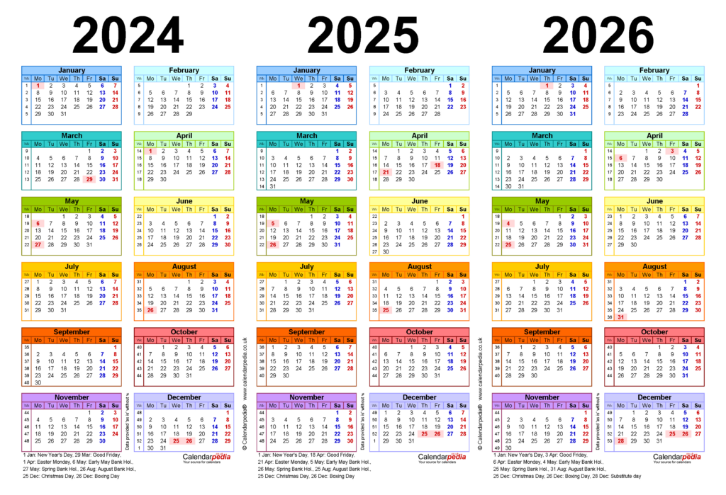 Three Year Calendars For 2024, 2025 & 2026 (Uk) For Pdf Within  Calendars 2025 | CalendarCrazePrint.Com