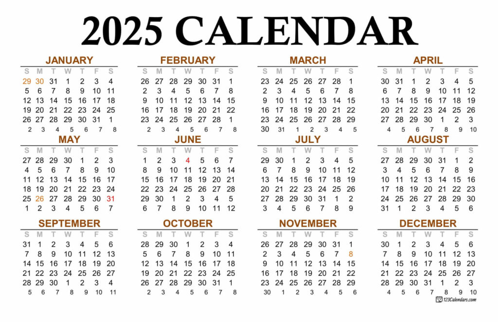 Year 2025 Calendar Templates | 123Calendars In 2025 Printable Annual Calendar  | CalendarCrazePrint.Com