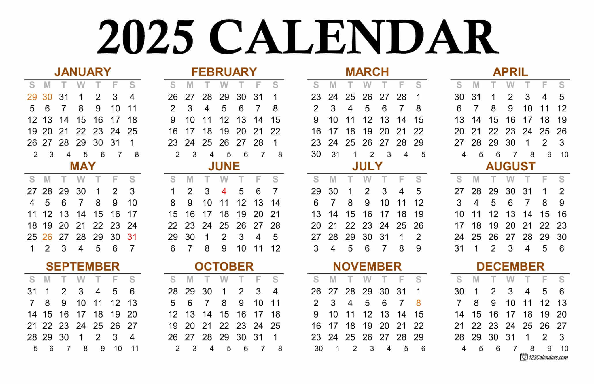 Year 2025 Calendar Templates | 123Calendars in 2025 Printable Annual Calendar | CalendarCrazePrint.Com