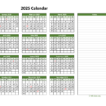 Yearly Printable 2025 Calendar With Notes | Wikidates Throughout Printable Calendar 2025 With Notes Section  | CalendarCrazePrint.Com