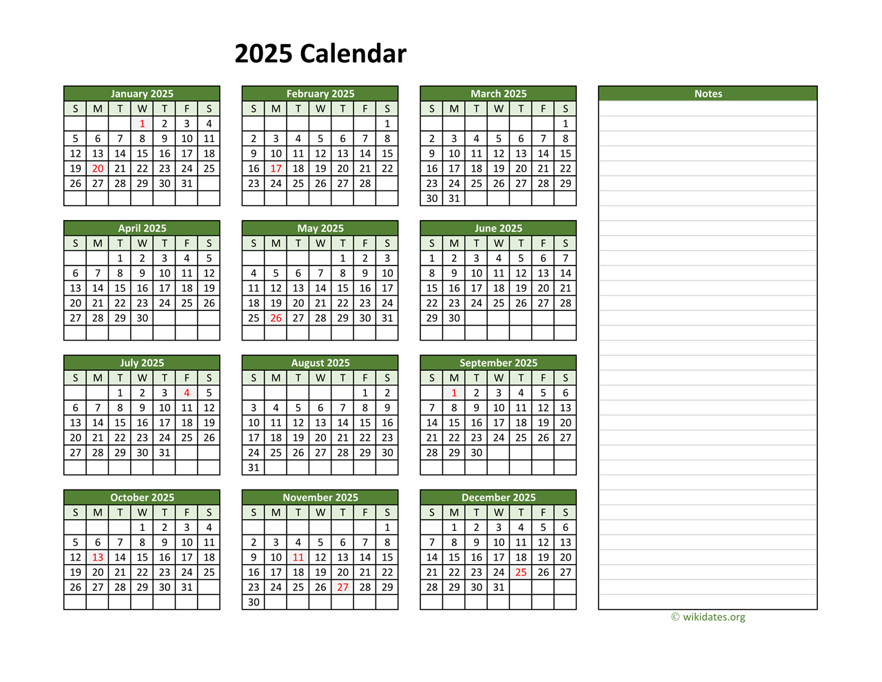 Yearly Printable 2025 Calendar With Notes | Wikidates throughout Printable Calendar 2025 with Notes Section | CalendarCrazePrint.Com