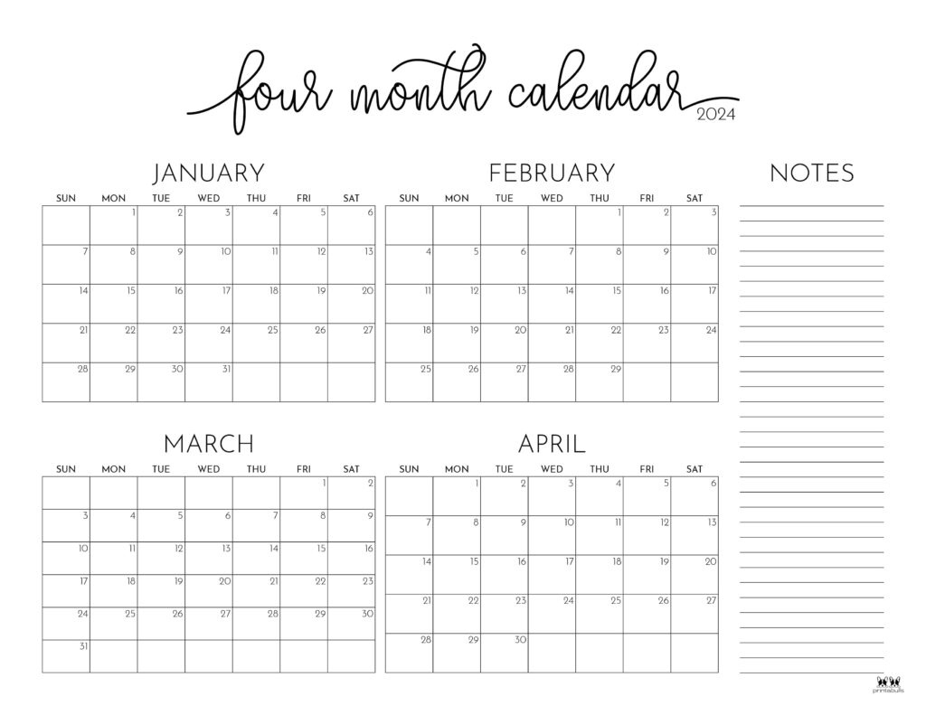 2024 Four Month Calendars - 18 Free Printables | Printabulls intended for April 2024 to March 2025 Calendar Printable