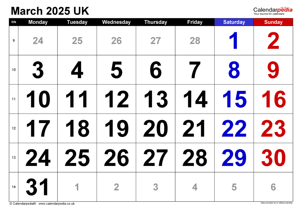 Calendar March 2025 Uk With Excel, Word And Pdf Templates For Calendar Month Of March 2025