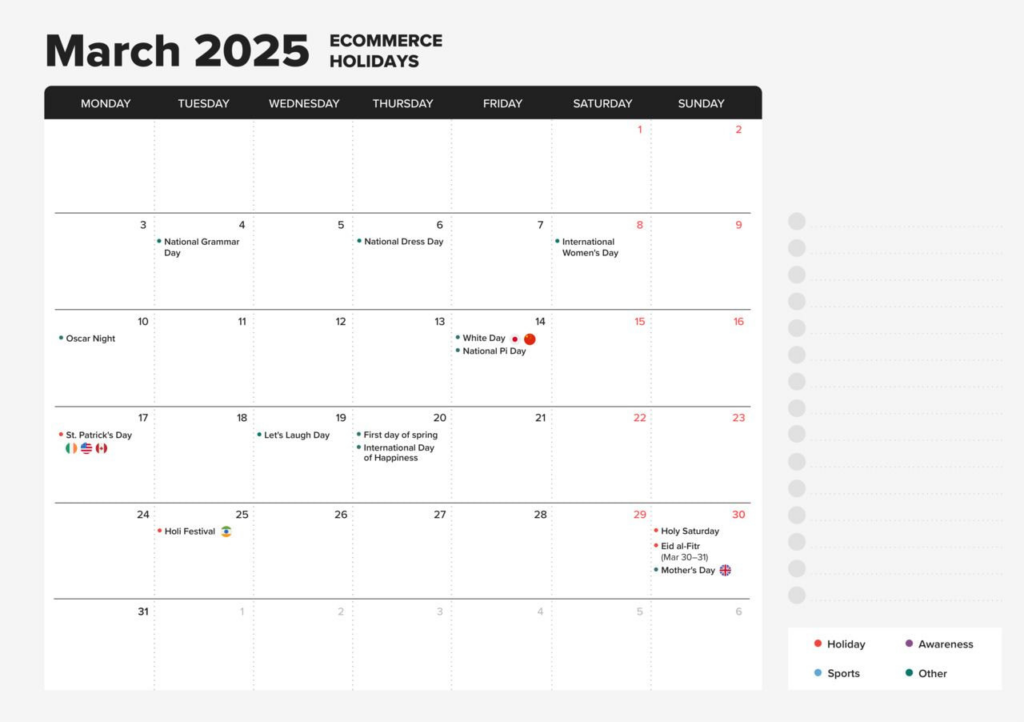 Ecommerce Holiday Calendar 2025: Sales Events And Key Dates | Printful Intended For Google Calendar Always Open In March 2025