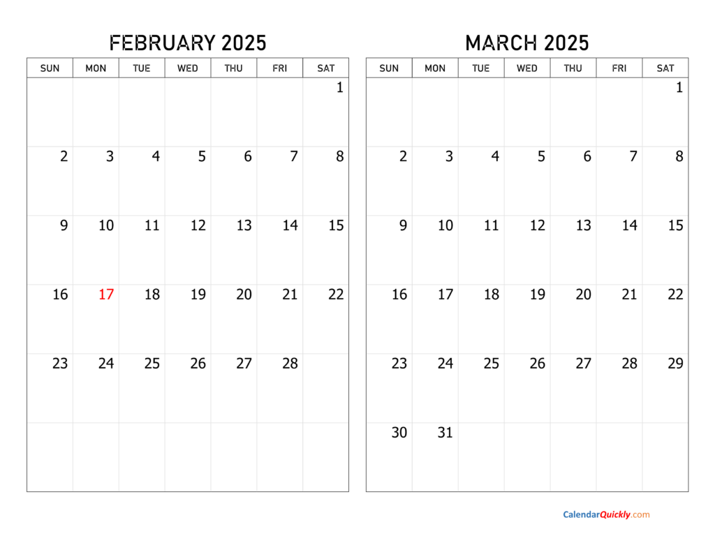 February And March 2025 Calendar | Calendar Quickly Throughout February And March Printable Calendar 2025