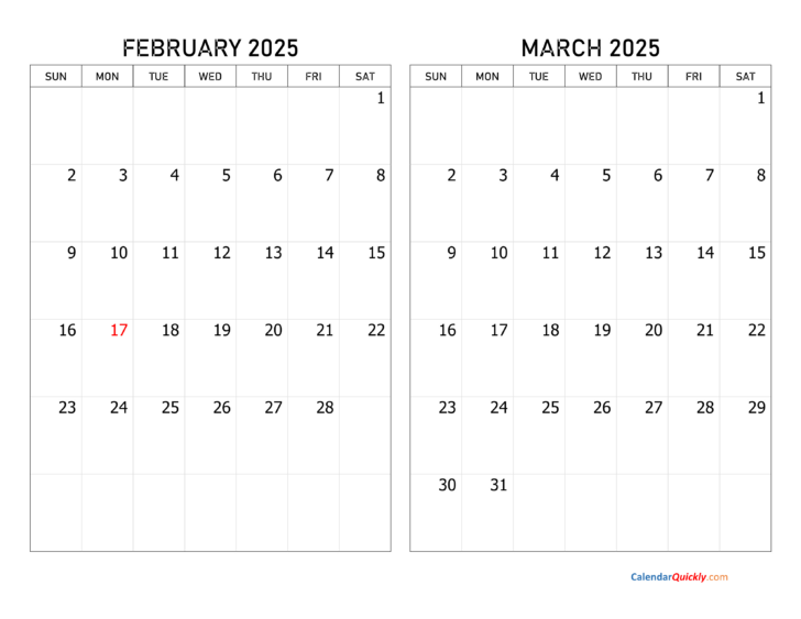 February and March Printable Calendar 2025