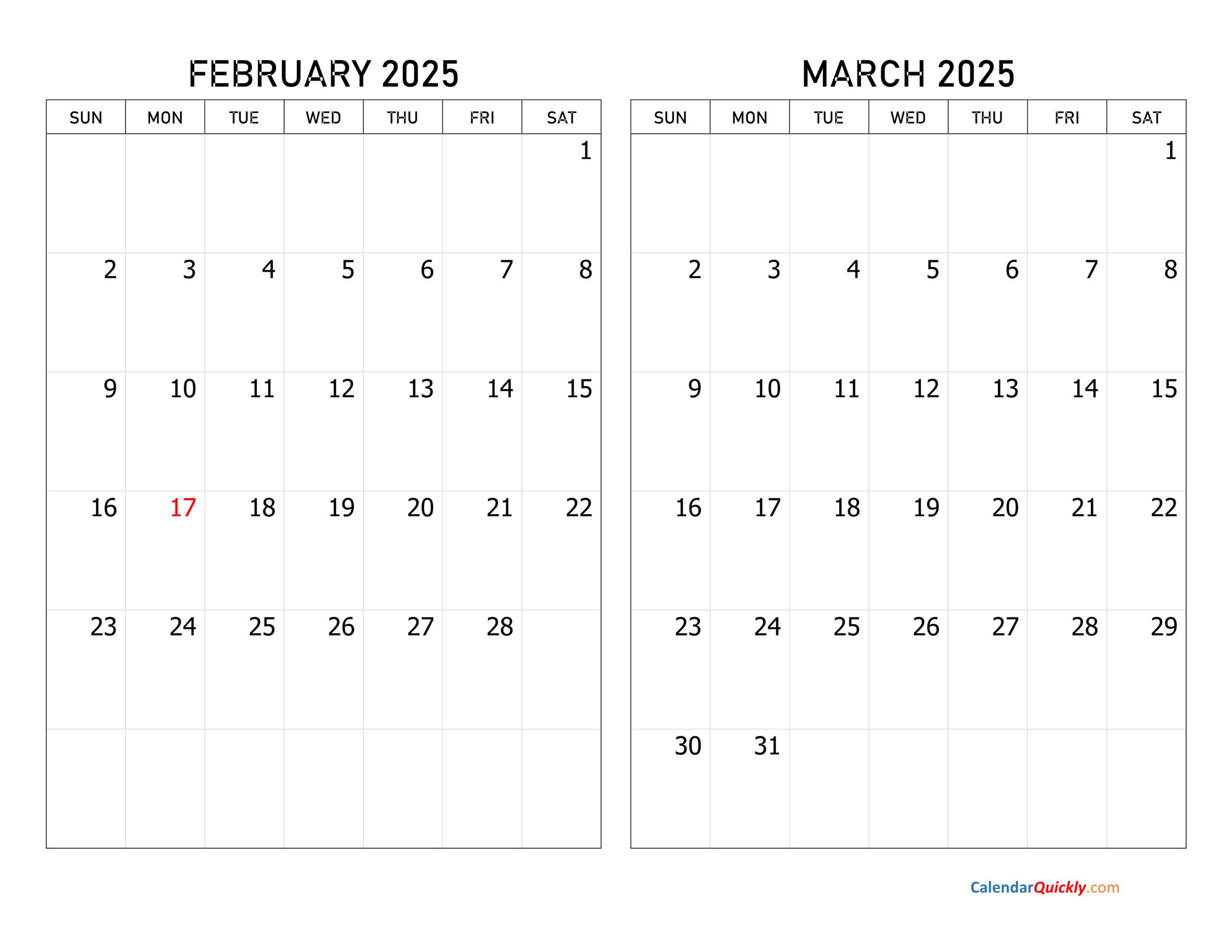 February And March 2025 Calendar | Calendar Quickly throughout February And March Printable Calendar 2025