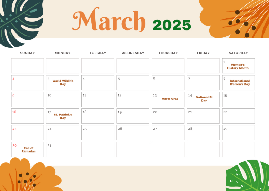 Free March 2025 Calendar Templates & Examples   Edit Online Throughout Calendar Events In March 2025