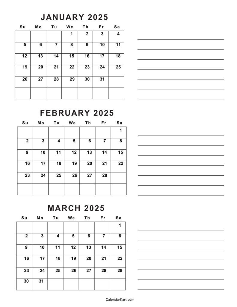 Free Printable January To March 2025 Calendar   Calendarkart Inside Jan Feb And March 2025 Calendar Fre Printable