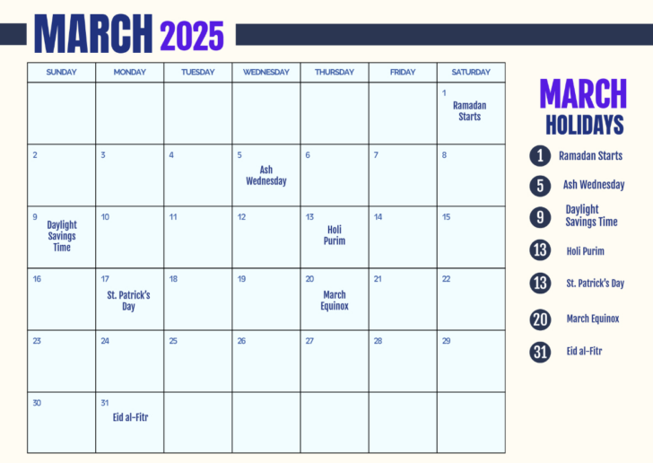 Printable Calendar March 2025 with Holidays