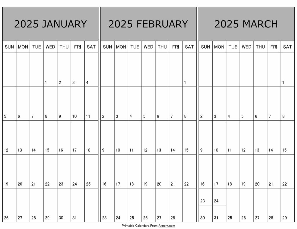 January To March Calendar 2025 Templates - Three Months for Jan Feb and March 2025 Calendar Fre Printable