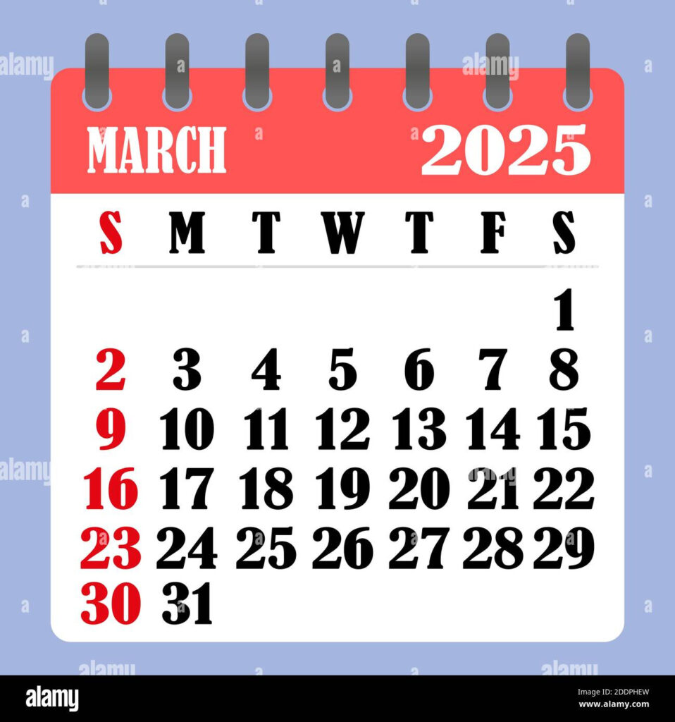 Letter Calendar For March 2025. The Week Begins On Sunday. Time For Calendar 2025 March Month