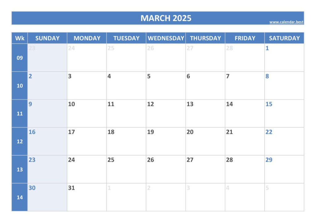 March 2025 Calendar  Calendar.best For March Calendar Numbers Printable 2025